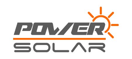 Logo de Power Solar con ícono de sol en color naranja y gris