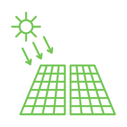 Icono verde de paneles solares recibiendo luz del sol