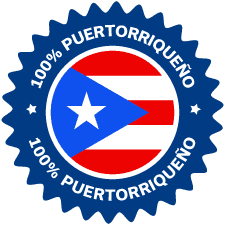 Sello azul con bandera de Puerto Rico y texto 100% Puertorriqueño